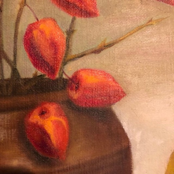 Still-life oil painting featuring quinces & crushed cherries - Picture 2 of 5